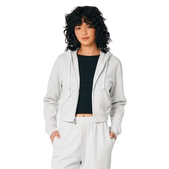 Cropped Gray Hollister Womens Hoodie With Drawstrings‎ & Pockets - Picture 1 of 3
